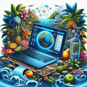 A detailed illustration of a digital portal on a laptop showing information about environmental health, with tropical elements representing Guadeloupe and Martinique, against a backdrop of earth and water to signify contamination and prevention.