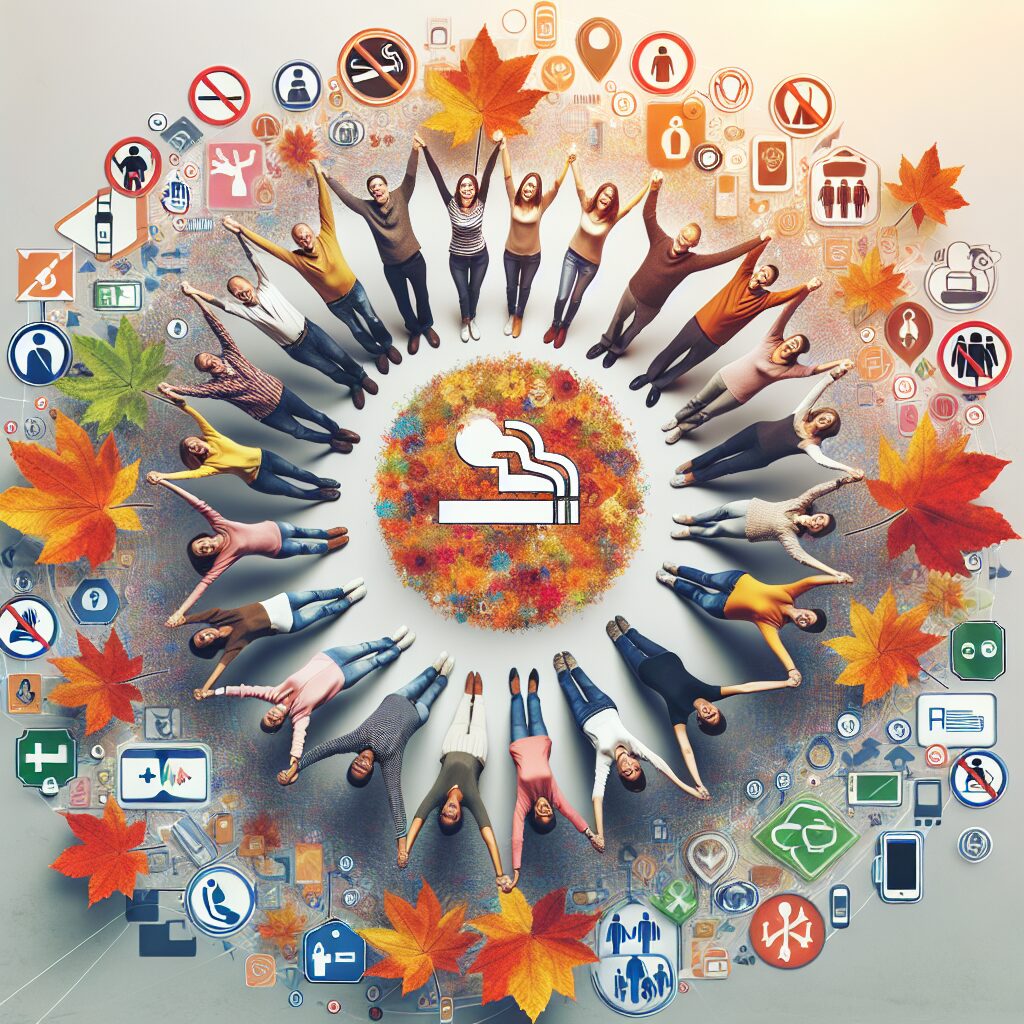 A group of diverse individuals of different ages and backgrounds, smiling and supporting each other, surrounded by icons of no smoking symbols, autumn leaves, and tools like mobile apps and support hotlines. The atmosphere is hopeful and encouraging, emphasizing community spirit and health awareness.