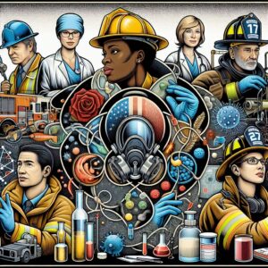 A thoughtful illustration showing diverse workers facing occupational hazards with symbolic elements of protection and prevention, depicted in a documentary style, capturing the essence of workplace safety and health awareness.
