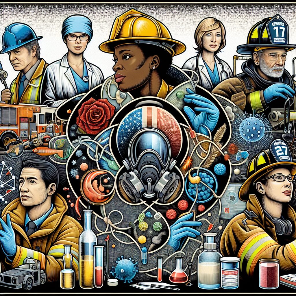 A thoughtful illustration showing diverse workers facing occupational hazards with symbolic elements of protection and prevention, depicted in a documentary style, capturing the essence of workplace safety and health awareness.