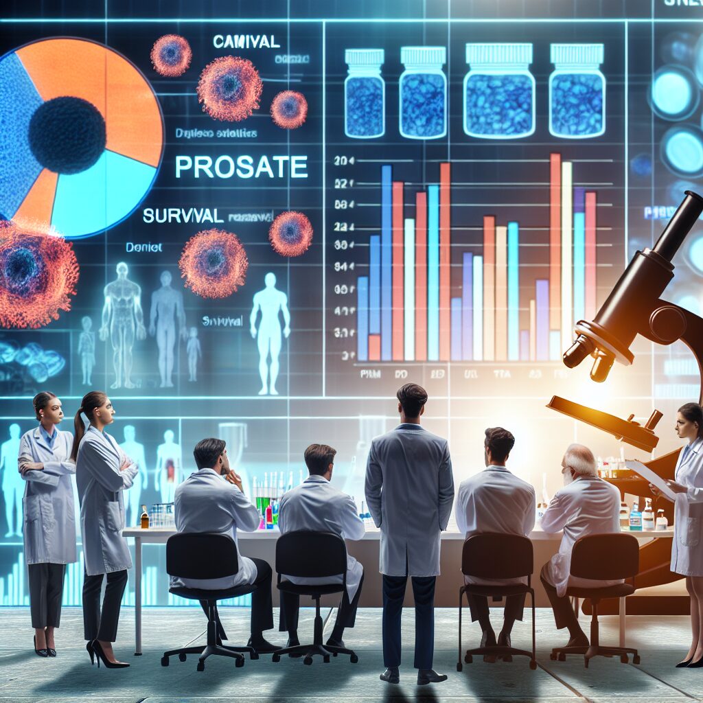 Un groupe de chercheurs en laboratoire discutant des résultats d'une étude sur le cancer de la prostate, avec des graphiques colorés de statistiques de survie, un fond de flacons de médicaments et un microscope en évidence.