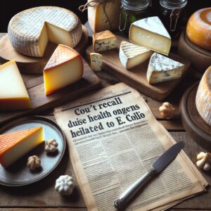 An image depicting various types of cheese, specifically reblochons, on a rustic wooden table, with a focus on showcasing the reblochons and the concept of a recall due to health concerns related to E. coli.