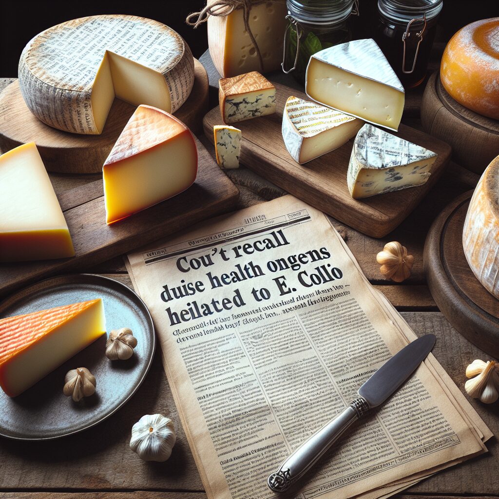 An image depicting various types of cheese, specifically reblochons, on a rustic wooden table, with a focus on showcasing the reblochons and the concept of a recall due to health concerns related to E. coli.