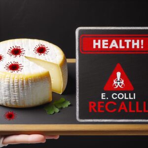 Un reblochon avec un signe d'alerte rouge, illustrant une mise en garde sanitaire, tableau noir en arrière-plan avec des mots "E. coli" et "rappel".