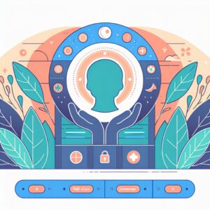 An illustration of a modern, user-friendly website interface dedicated to mental health, featuring calm and soothing colors, visual icons representing self-care and community support, and a welcoming design that emphasizes accessibility and information sharing.