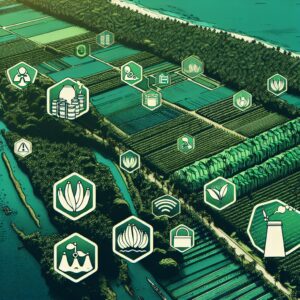 Illustration montrant une vue aérienne d'une plantation de bananes en Guadeloupe avec un fond aux nuances vert émeraude, soulignant l'aspect tropical. On distingue des éléments illustrant la pollution et la prévention comme des panneaux d'avertissement, et des icônes de prévention dessinés en surimpression.