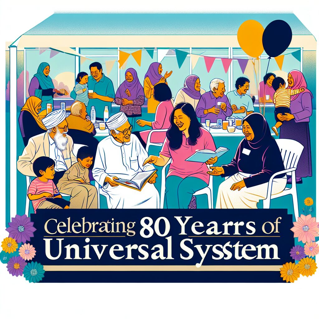An illustrated celebration scene showing an 80-year commemorative banner for the French Social Security system, with diverse people of all ages and backgrounds engaging in lively community events, symbolizing inclusivity and solidarity in vibrant colors.