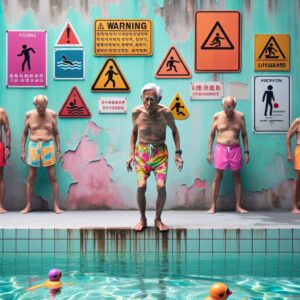 An elderly man in swim trunks standing cautiously at the edge of a swimming pool, with warning signs and lifeguard symbols in the background.