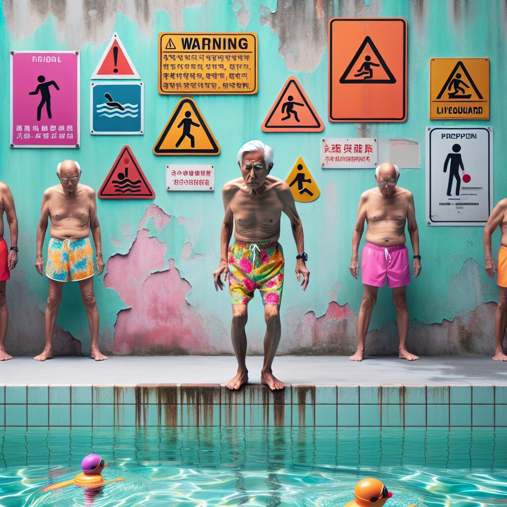 An elderly man in swim trunks standing cautiously at the edge of a swimming pool, with warning signs and lifeguard symbols in the background.
