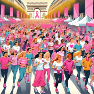 A vibrant depiction of a solidarity event in Paris for breast cancer awareness, with diverse groups of people running, walking, and engaging in community activities, all surrounded by pink decorations symbolizing hope and unity.