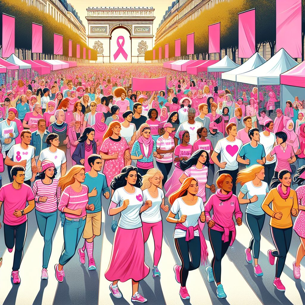 A vibrant depiction of a solidarity event in Paris for breast cancer awareness, with diverse groups of people running, walking, and engaging in community activities, all surrounded by pink decorations symbolizing hope and unity.