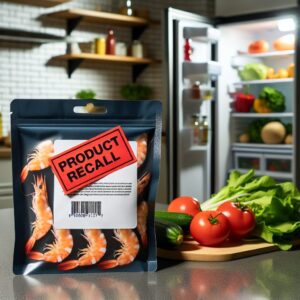 Un paquet de crevettes posé sur un comptoir de cuisine avec une étiquette rouge indiquant 'Rappel de produit' ; en arrière-plan, un réfrigérateur et quelques légumes frais ; éclairage lumineux et ambiance neutre.