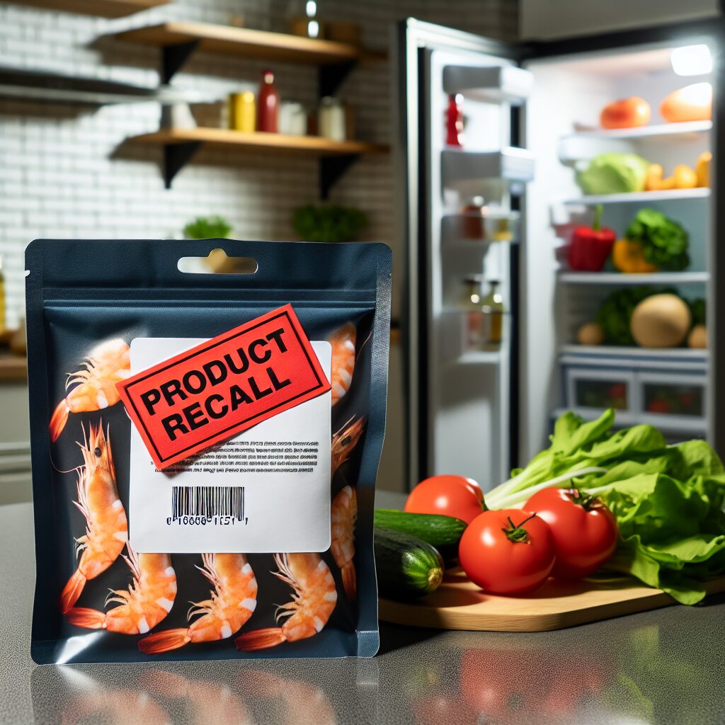 Un paquet de crevettes posé sur un comptoir de cuisine avec une étiquette rouge indiquant 'Rappel de produit' ; en arrière-plan, un réfrigérateur et quelques légumes frais ; éclairage lumineux et ambiance neutre.