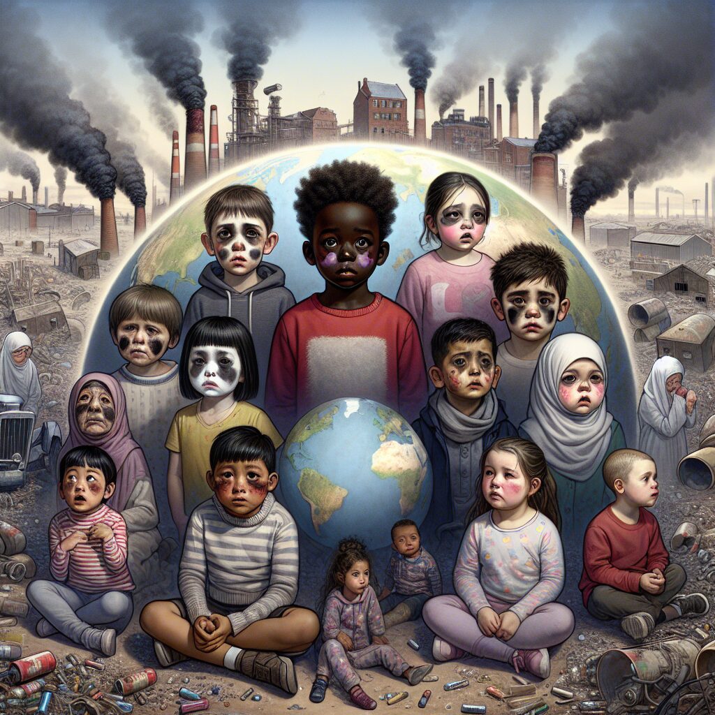 A poignant illustration showing concerned children around the world with visible signs of lead contamination, such as dark rings under their eyes, and a backdrop of polluted industrial areas with battery recycling activities.
