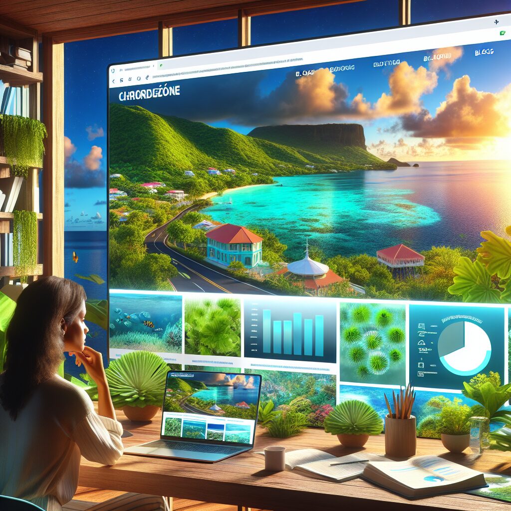 A digital illustration showing a person browsing an informative website about chlordécone, with visuals of tropical landscapes of Guadeloupe and Martinique in the background, focusing on environmental protection and educational resources.
