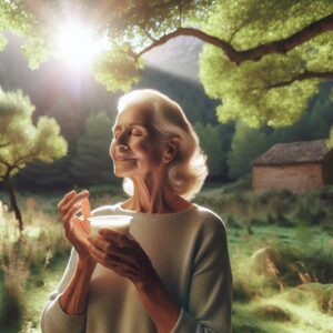 An elderly woman enjoying a yogurt in a serene countryside setting, surrounded by the lush nature of Catalonia. The scene exudes a sense of peace, longevity, and health, with gentle sunlight filtering through the trees.