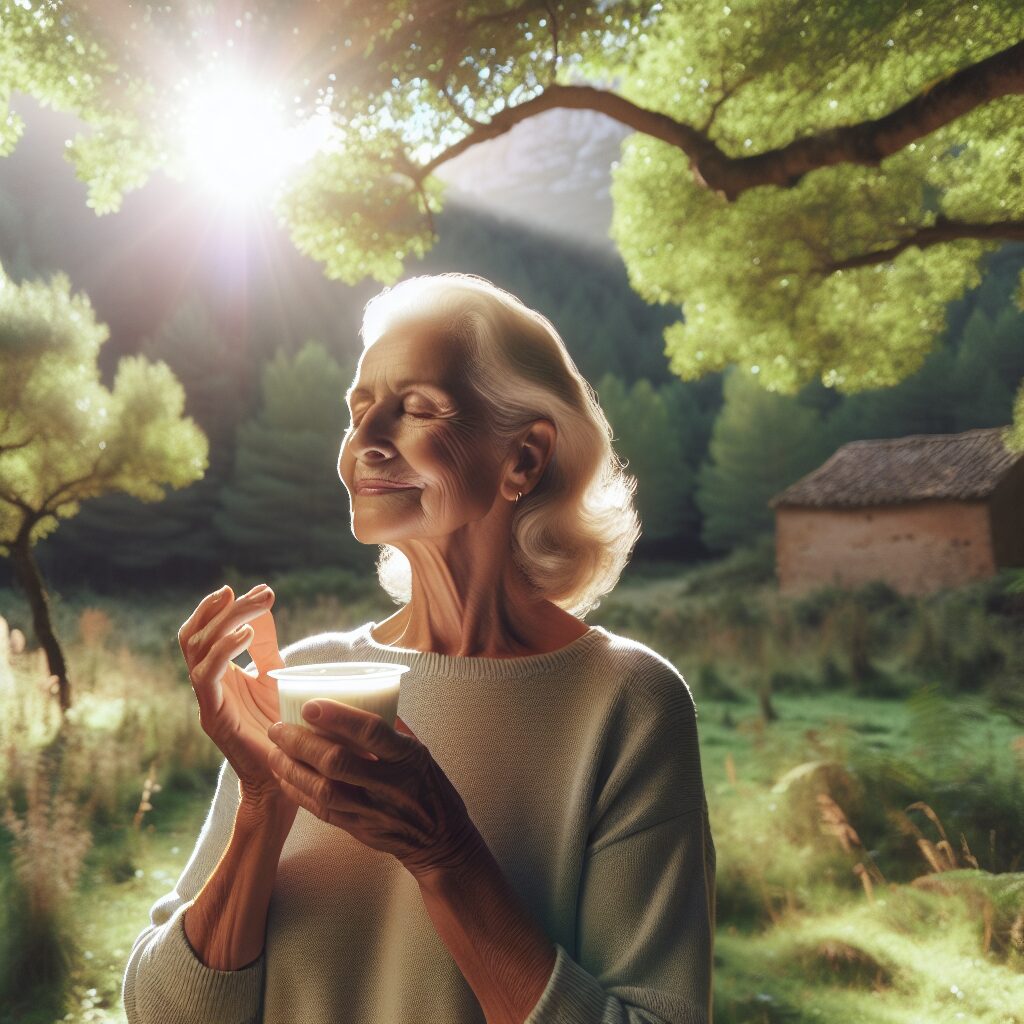 An elderly woman enjoying a yogurt in a serene countryside setting, surrounded by the lush nature of Catalonia. The scene exudes a sense of peace, longevity, and health, with gentle sunlight filtering through the trees.