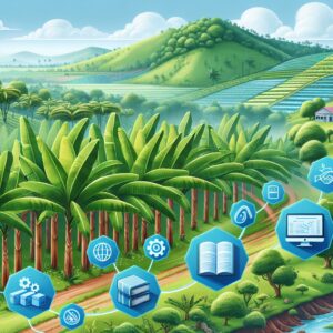 Illustration montrant un paysage tropical avec des bananeraies en arrière-plan, accompagné d'éléments graphiques symbolisant l'idée de prévention et d'information, comme des livres ou des ordinateurs.
