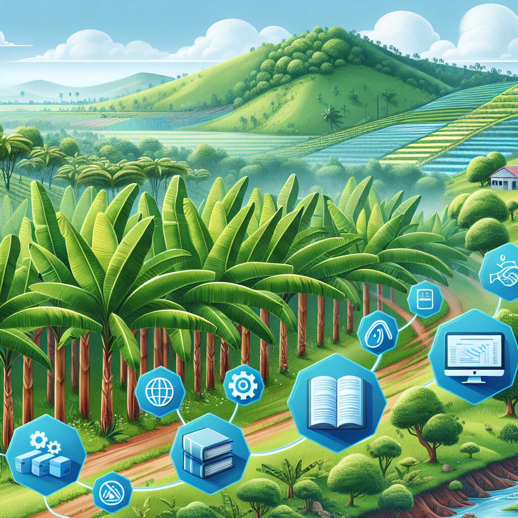 Illustration montrant un paysage tropical avec des bananeraies en arrière-plan, accompagné d'éléments graphiques symbolisant l'idée de prévention et d'information, comme des livres ou des ordinateurs.