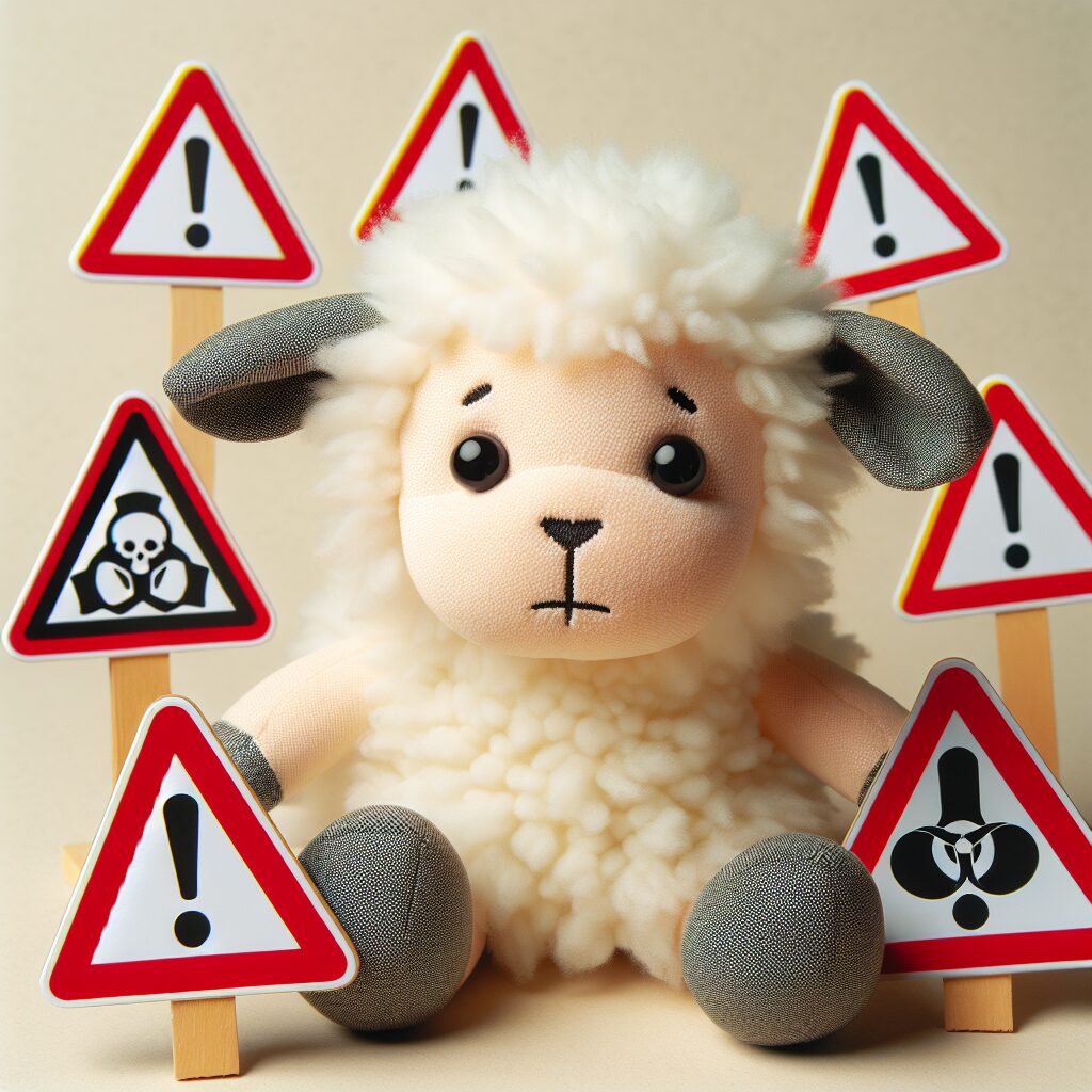 Un doudou en forme de mouton avec un air d'inquiétude, entouré de signes d'avertissement sur un fond neutre, symbolisant un rappel de produit pour des raisons de sécurité.