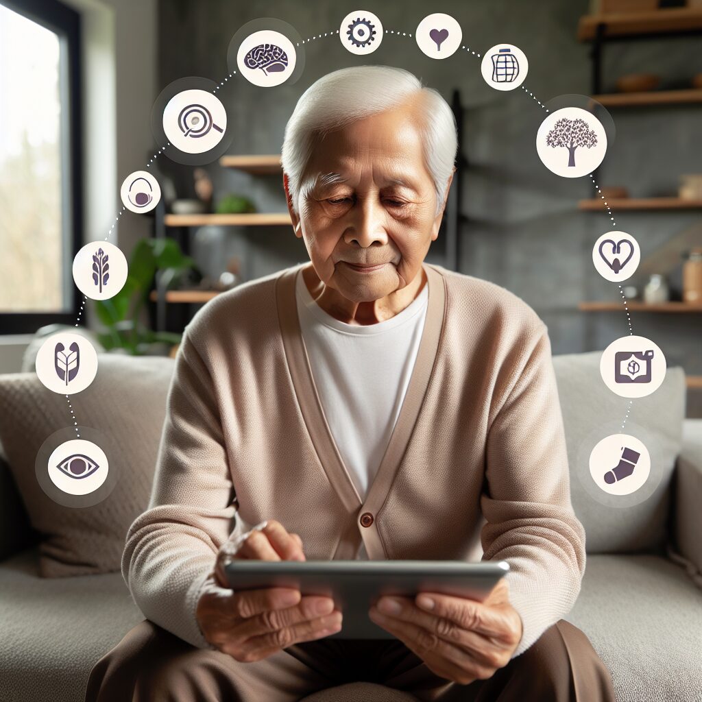 A senior person sitting comfortably at home, using a tablet or smartphone to fill out a health questionnaire, with subtle health-related icons illustrating memory, nutrition, vision, hearing, psychological well-being, and mobility around them.