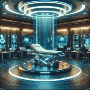 An illustration of a futuristic, high-tech medical bed in a sci-fi hospital setting, with glowing screens and advanced medical equipment, conveying a utopian yet slightly ominous atmosphere.