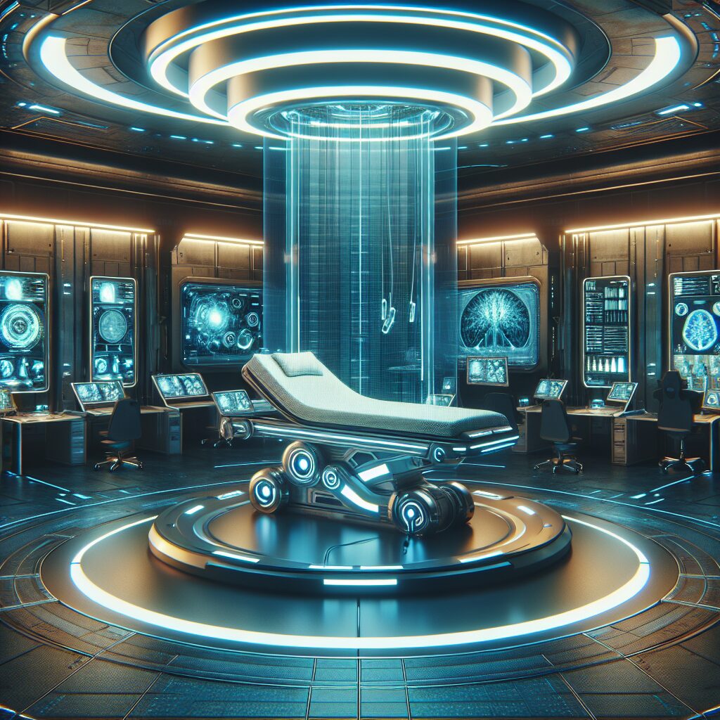 An illustration of a futuristic, high-tech medical bed in a sci-fi hospital setting, with glowing screens and advanced medical equipment, conveying a utopian yet slightly ominous atmosphere.