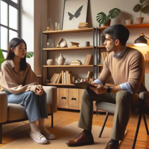 A calming and supportive visual of a person talking to a psychologist in a serene and warm therapy room setting, conveying a sense of support, mental health awareness, and accessibility.