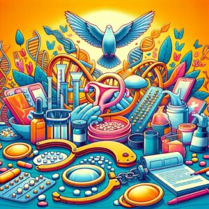 An illustrative image showing diverse contraceptive methods and symbols representing freedom and informed choice, with a background of scientific and educational elements.