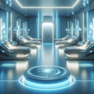 A futuristic hospital room with advanced medical beds, glowing softly under blue ambient light, equipped with high-tech machines, holographic displays, and a sleek modern design.