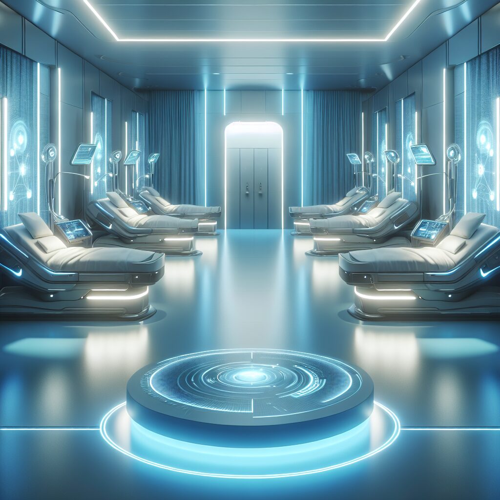A futuristic hospital room with advanced medical beds, glowing softly under blue ambient light, equipped with high-tech machines, holographic displays, and a sleek modern design.