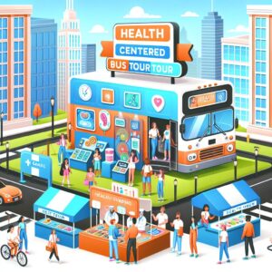 A vibrant and engaging scene of a health-focused bus tour for young people, showcasing interactive games and health advice stands, with a backdrop of a lively cityscape.