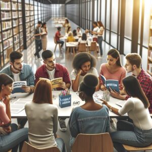 A diverse group of people consulting educational materials about contraception and abortion in a modern library setting, focusing on learning and empowerment, bright atmosphere, diverse ethnicities, informative, supportive environment.