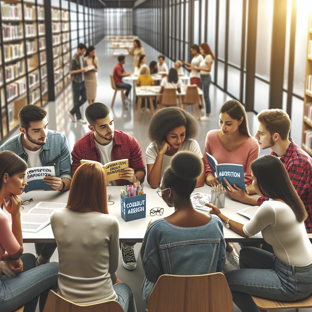 A diverse group of people consulting educational materials about contraception and abortion in a modern library setting, focusing on learning and empowerment, bright atmosphere, diverse ethnicities, informative, supportive environment.