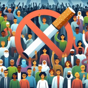 Illustration montrant une foule diversifiée de personnes rejetant symboliquement une cigarette géante, avec des éléments graphiques représentant la santé et le bien-être, ambiance optimiste et inspirante.