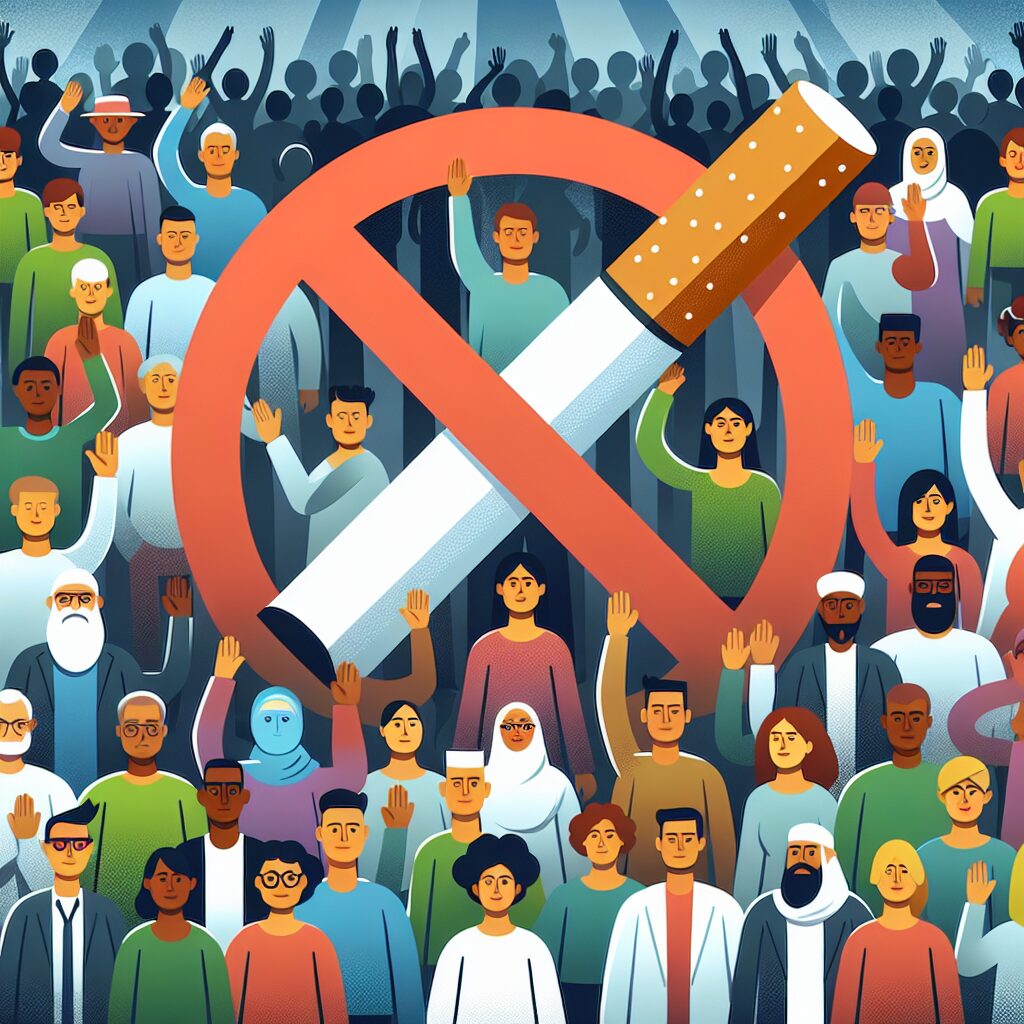 Illustration montrant une foule diversifiée de personnes rejetant symboliquement une cigarette géante, avec des éléments graphiques représentant la santé et le bien-être, ambiance optimiste et inspirante.