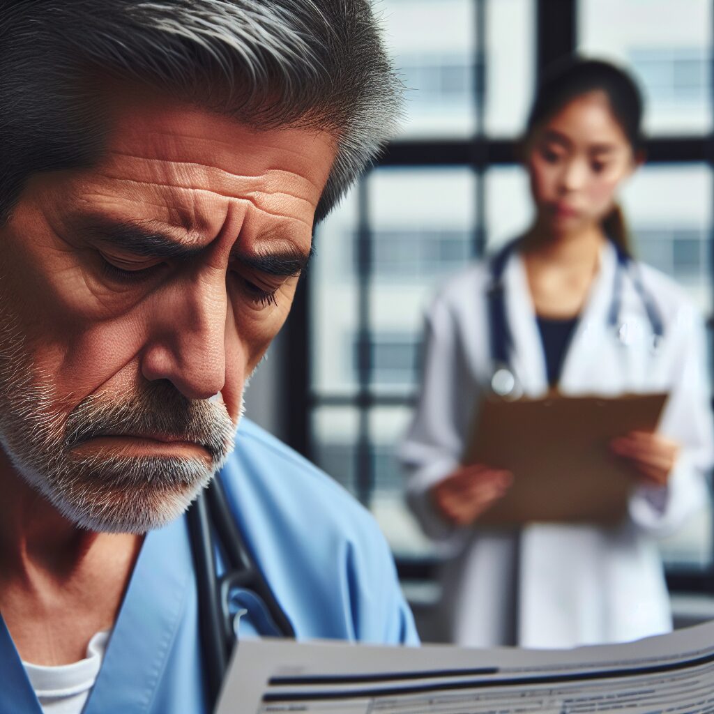 A concerned patient studying a medical bill in a doctor's office, with expressions of frustration and worry underlined by the presence of a physician in the background, symbolizing the contrast between healthcare costs and patient burden.