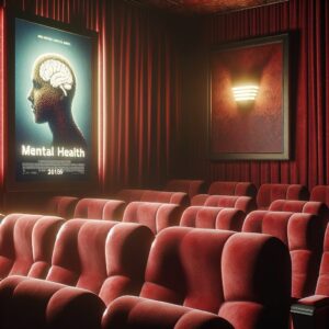 Image d'un cinéma avec une ambiance chaleureuse, des sièges en velours rouge, une affiche de film dédiée à la santé mentale visible, avec une atmosphère qui évoque l'introspection et la réflexion.