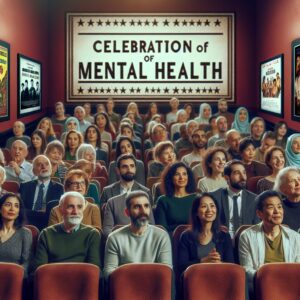 Célébration de la santé mentale dans un cinéma, avec des spectateurs attentifs et des affiches de films célèbres autour d'eux.