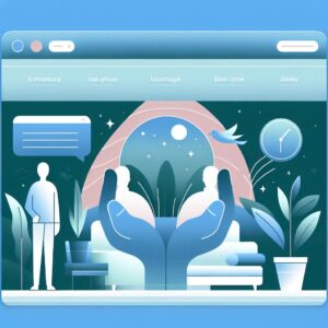 A serene and calming digital illustration of a user-friendly website interface themed around mental health support, showcasing soothing colors and professional design elements that evoke a sense of peace and well-being.