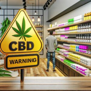 Une image montrant des produits de CBD en vente dans un magasin, avec un panneau d'avertissement en arrière-plan indiquant des risques potentiels pour la santé, dans un style réaliste et informatif.