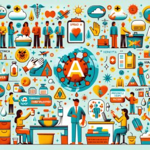 An informative and engaging illustration showing the spread of Hepatitis A virus in a community setting, incorporating preventive measures like hand washing, vaccination, and hygiene habits, depicted in a colorful and educational style.