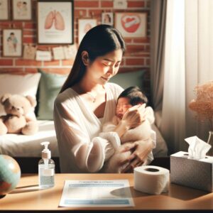 A caring mother gently holding her newborn baby in a cozy room, symbolizing protection against respiratory illnesses like bronchiolitis, emphasizing preventive treatments such as vaccinations and hygiene practices.