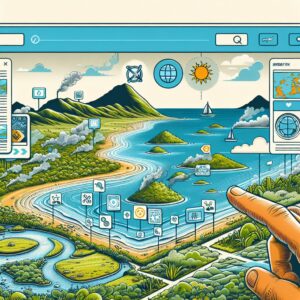 A detailed illustration of a tropical landscape in Guadeloupe or Martinique, showing the affected areas with symbols and signs of contamination, with a digital map or a browser window depicting an informative website about environmental protection.