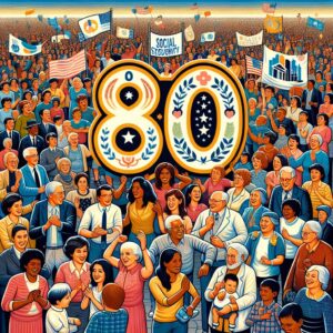 A festive scene showing diverse people of all ages and backgrounds celebrating the 80th anniversary of a national health and social security system. The central image should depict community and solidarity, with symbolic elements such as the number 80 and imagery related to health and welfare.