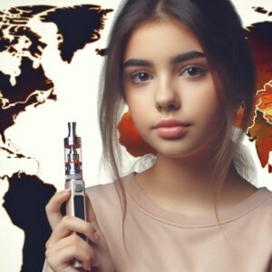 An illustrative image showing a young teenager vaping, with a world map in the background highlighting regions affected by high e-cigarette usage among youths, emphasizing the message of a global health warning by the WHO.