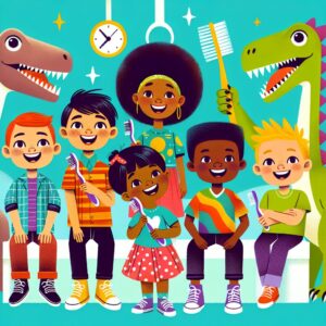 A vibrant and cheerful illustration of happy children visiting a dentist, with a prehistoric theme in the background. They have bright smiles and are playful, surrounded by dinosaurs with toothbrushes, emphasizing dental health in a fun and engaging way.