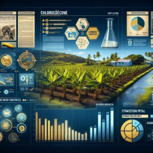 An informative and visually engaging image depicting the impact and history of the pesticide Chlordécone in Guadeloupe and Martinique; include elements like banana plantations, scientific data, and digital technology to represent the new information portal.