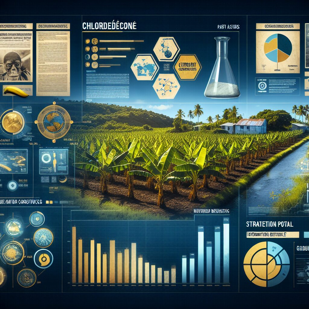 An informative and visually engaging image depicting the impact and history of the pesticide Chlordécone in Guadeloupe and Martinique; include elements like banana plantations, scientific data, and digital technology to represent the new information portal.