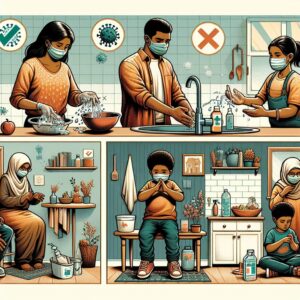A detailed and informative illustration of Hepatitis A virus transmission, showing hygiene practices like hand washing and safe food handling, set against a backdrop of a family at home, highlighting the importance of prevention measures.